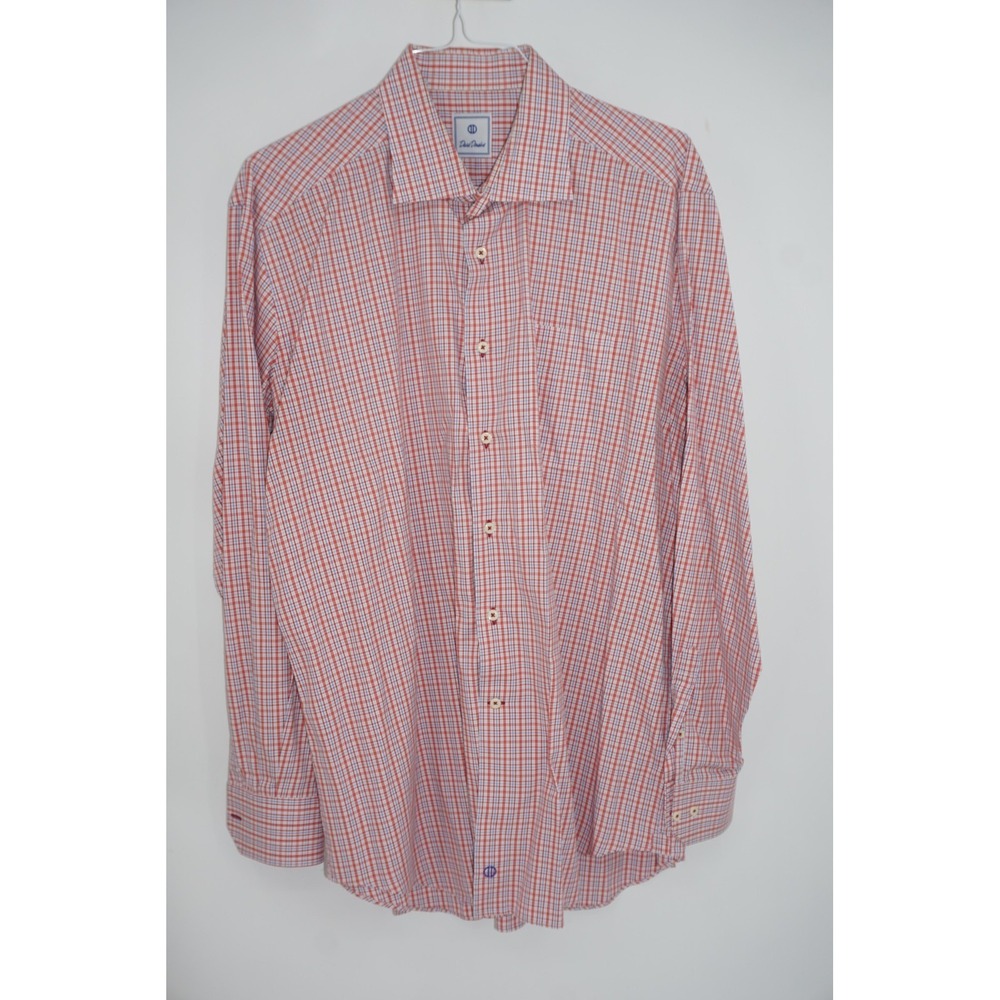 David Donahue Dress Shirt Mens 2XL Red Blue Plaid Long Sleeve Point Collar